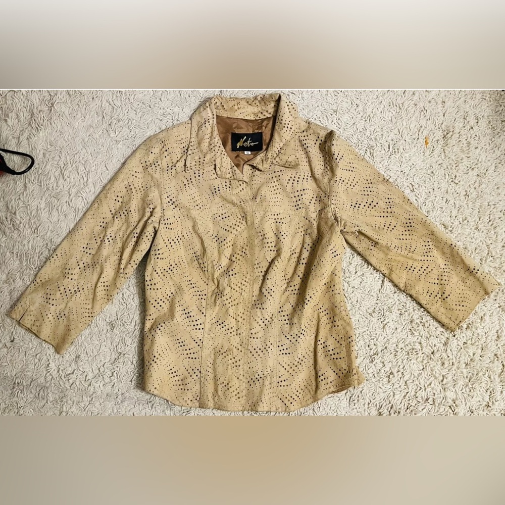 NETO beige camel suede Leather 3/4 Sleeve A shirt top blouse 10 Medium M